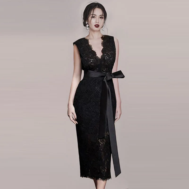 Сексуальное кружевное черное платье с v образным вырезом летнее элегантное