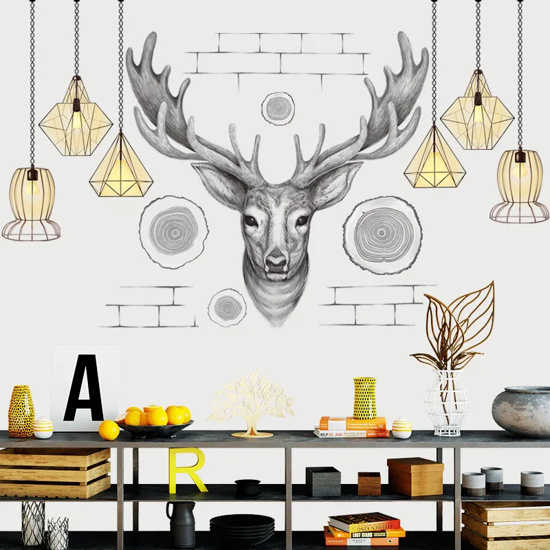 

3D Black Simple Modern Elk Chandelier Large Wall Sticker Home Decor Poster Home Living Room TV Sofa Background Decoration