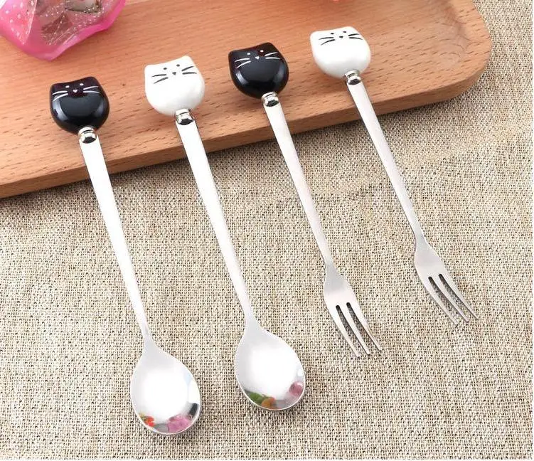 

200pcs Ceramic Cat Spoons Stainless Steel Long Stirring Spoon Ice Cream Sugar Tea Dessert Soup Coffee Spoon Tea Spoons Wholesale