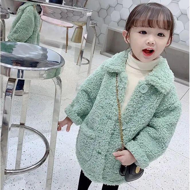 

2021 New Children Lambswool Coat Baby Turndown Collar Thicken Warm Jacket Girls Long Overcoat Winter Kids girls Casual Outwear
