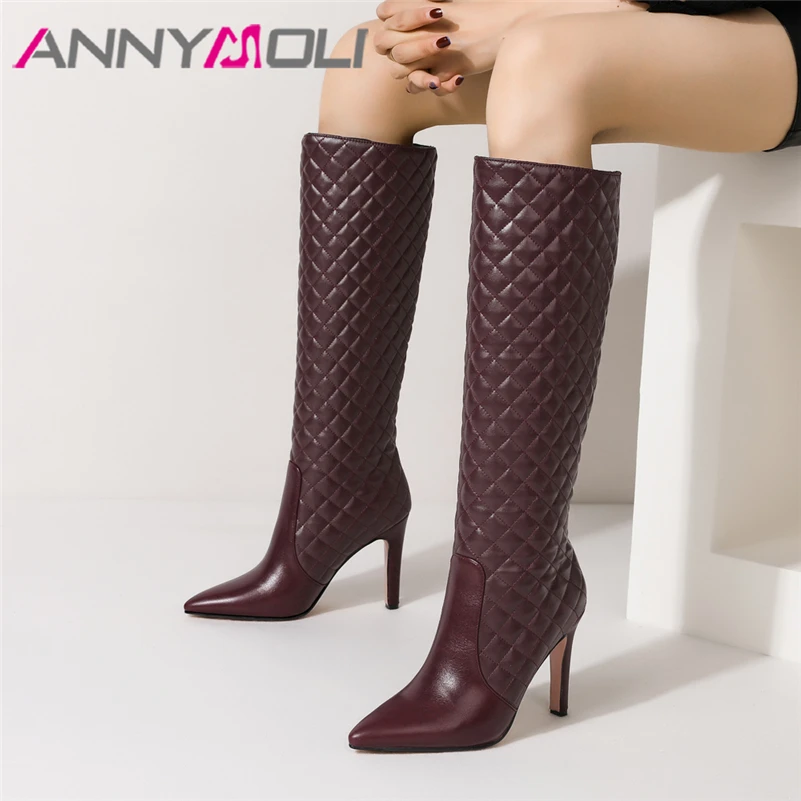 

Женские сапоги ANNYMOLI, из искусственной кожи, на тонком очень высоком каблуке, до колена, с острым носком, Осенние, черные, 43