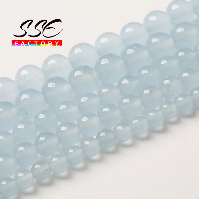 

Natural Aquamarine Blue Jade Beads Round Loose Spacer Beads For Jewelry Making DIY Bracelet 4 6 8 10 12 14mm 15''inch Wholesale