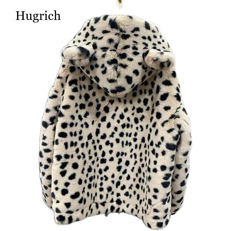 

New Leopard Women's Faux Fur Hooded Coat Loose Winter Outwear Bear Ears Hood Furry Fur Thick