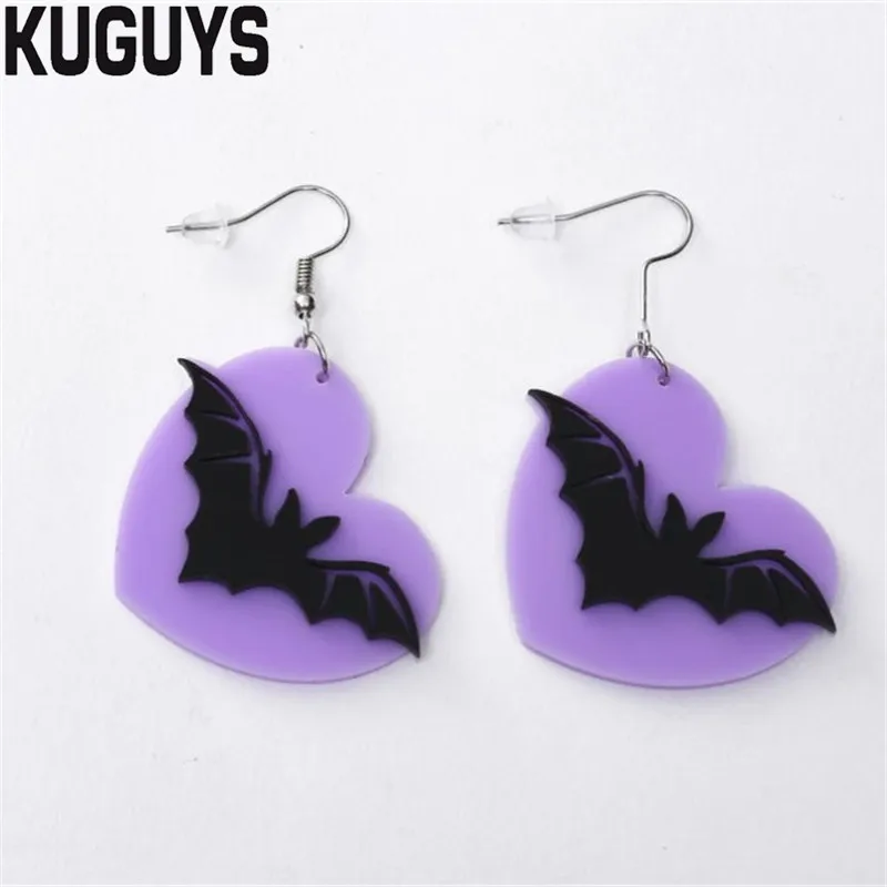 

KUGUYS Black Bat Drop Earrings for Women Purple Heart Acrylic Wings Earring Brincos Fashion Jewelry Oorbellen Trendy Accessories