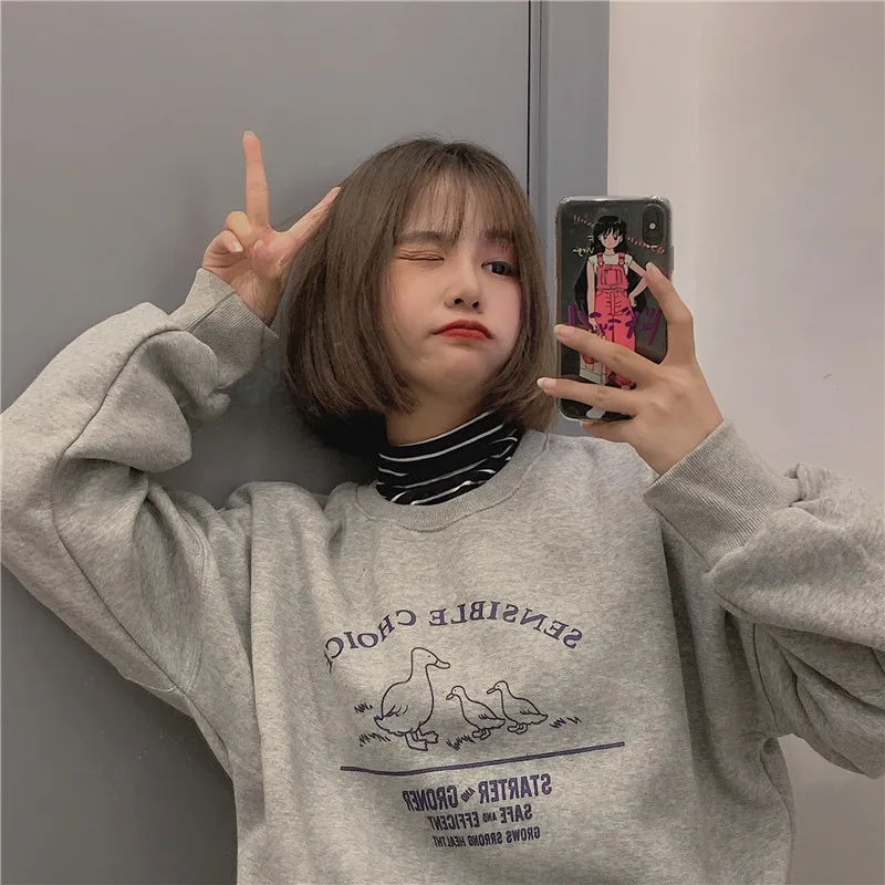 gray Корейская винтажная зимняя женская толстовка ins Harajuku с буквенным принтом с длинными рукавами, милая модная повседневная свободная розовая толстовка - Цвет: gray