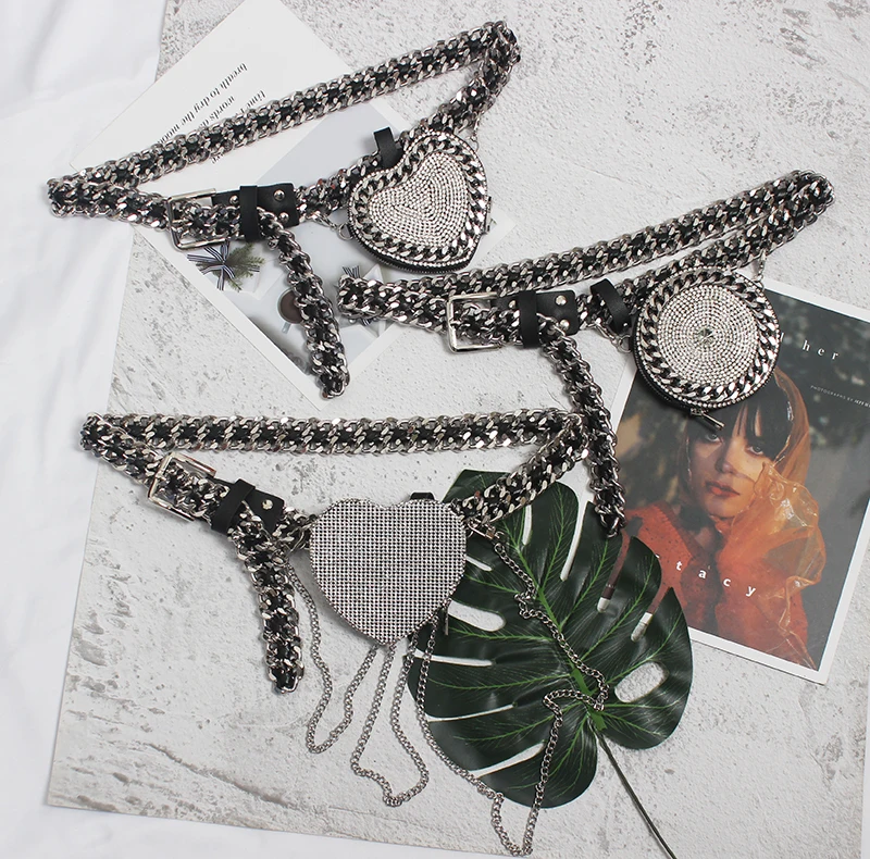 Women's runway fashion shiny crytal heart bag chain punk Cummerbunds female Dress Corsets Waistband Belts decoration belt R3455