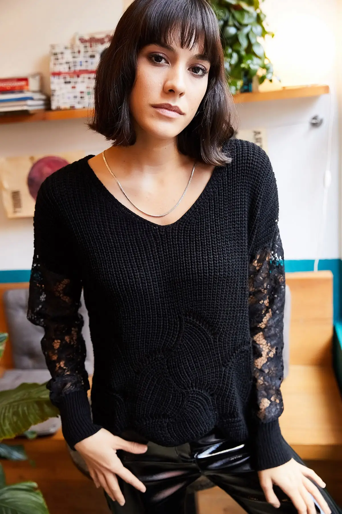 Women Black Sleeve Knitted Sweater Lacy openwork Women Sweater 2021