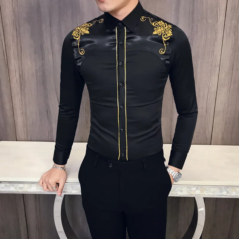 Рубашка мужская с вышивкой модная облегающая длинными рукавами деловая уличная