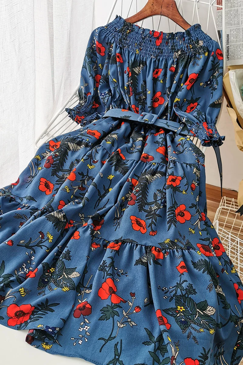 

R060 skirt 2020 new summer sexy one neck Lantern Sleeve waist cut flower long gentle dress