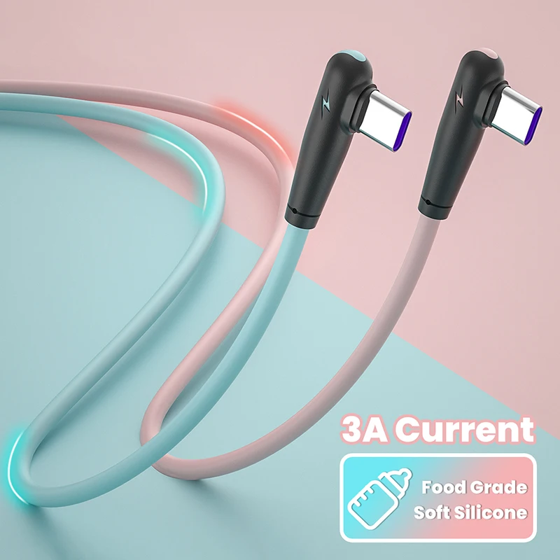 

90 Degree Elbow Charger Cable USB Type-C Liquid Silicone Charge Data Cord 3A Fast Charging For Xiaomi 11 9 Redmi K30 Huawei P40