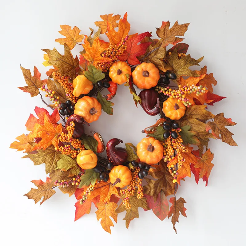 

Autumn Theme Door Wreath Artificial Pumpkin Berries Pine Cone Maple Manmade Garland Cloth Rattan Material Home Decoration