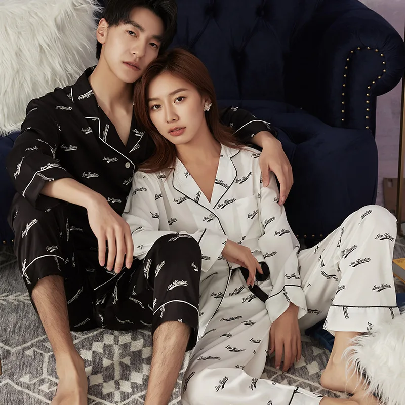

Simple Style Long Sleeve Lovers Pajamas Sleepwear Set Print Letter Faux Silk Satin 2PCS Shirt&pant Loose Trouser Suits Home Wear
