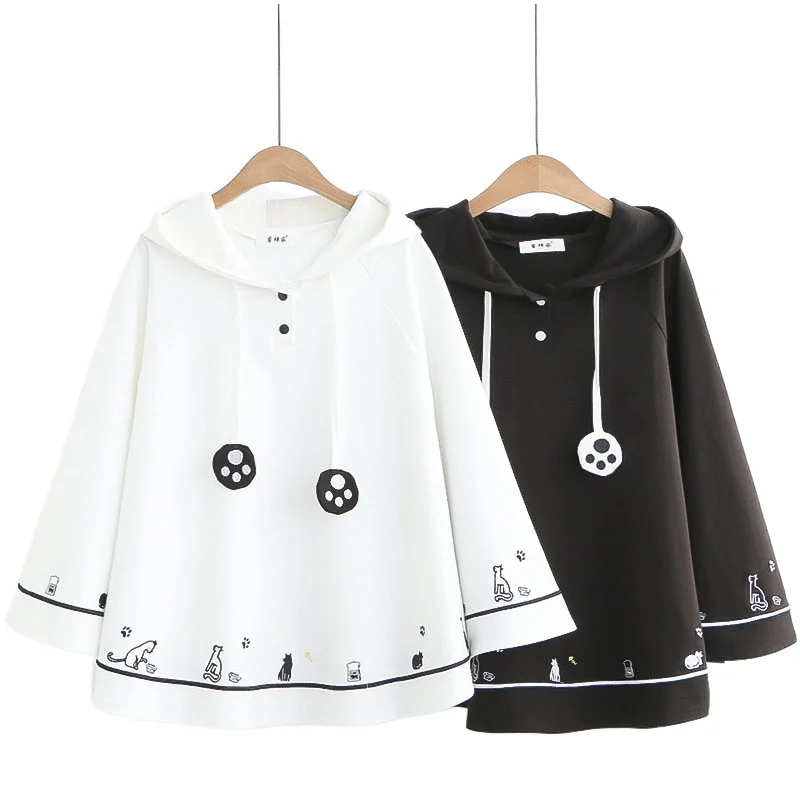 Женский плащ в стиле Харадзюку с вышитыми кошачьими лапками и ушками японском