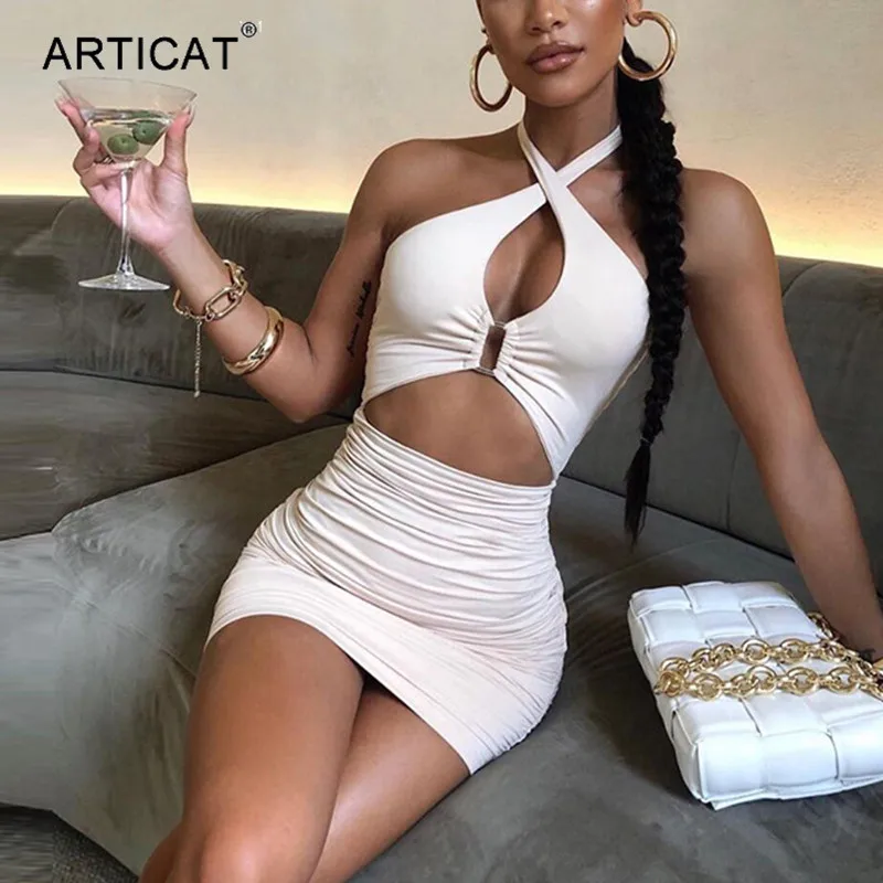 

Женское вечернее мини-платье Articat, однотонное, с открытой спиной, с вырезами, без рукавов, на лето