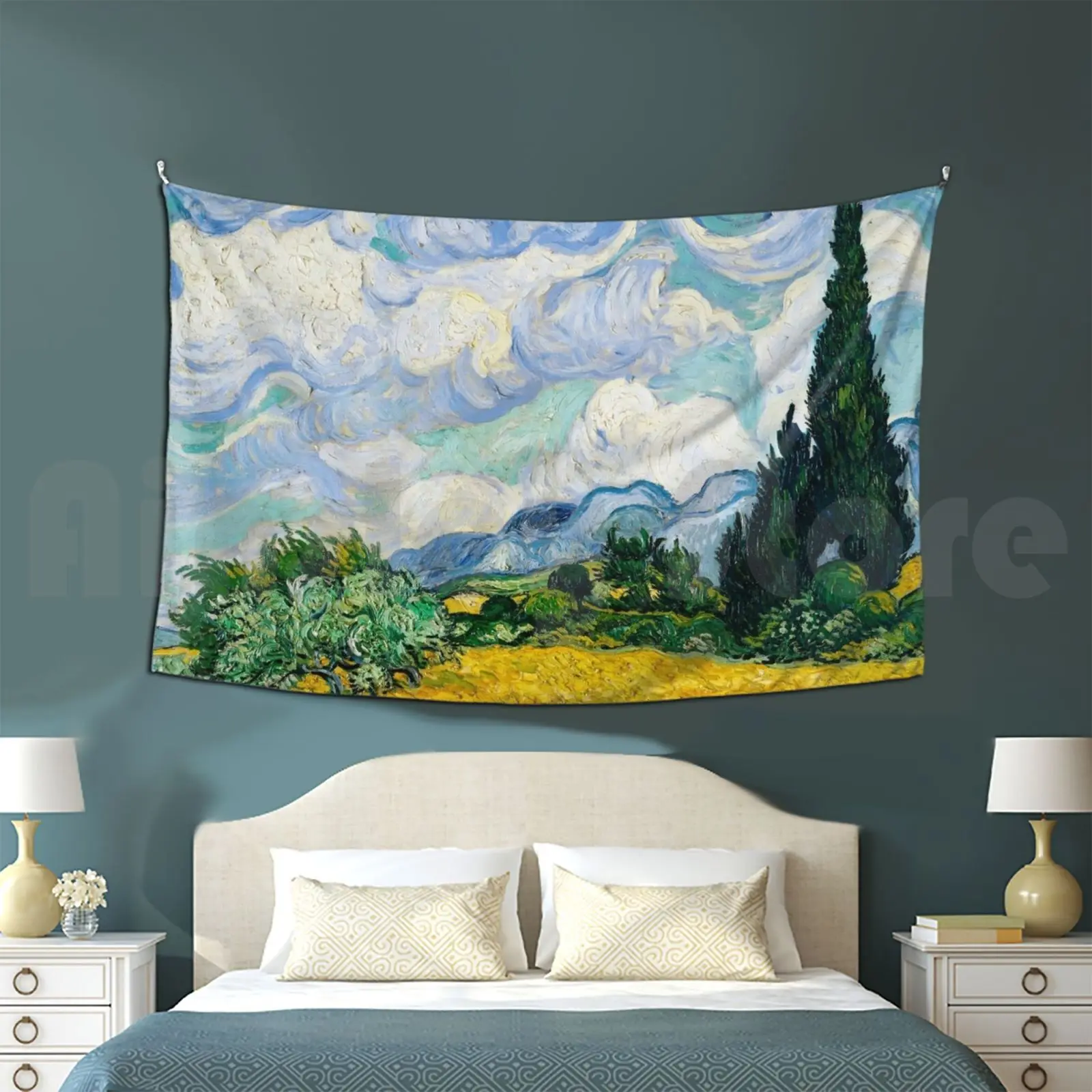 

Wheat Field With Cypresses ( 1889 ) By Vincent Van Gogh Tapestry Background Wall Hanging Van Gogh Fields Clouds