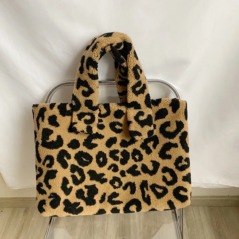 

Fashion Women Retro Leopard Print Shoulder Bags Ladies Casual Plush Handbag Casual Tote Bag Large Capacity Female Shoppping Bags