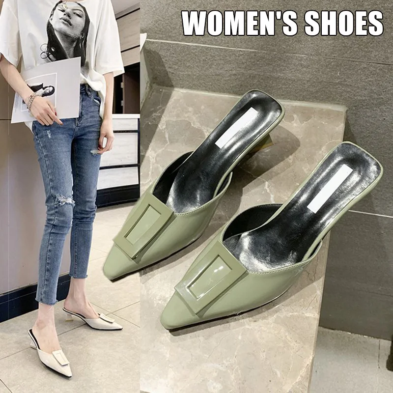Shoes Woman 2019 Fashion Pointed Toe Women High Heel Slippers Thick PU Leather Female Casual Zapatos Mujer | Обувь