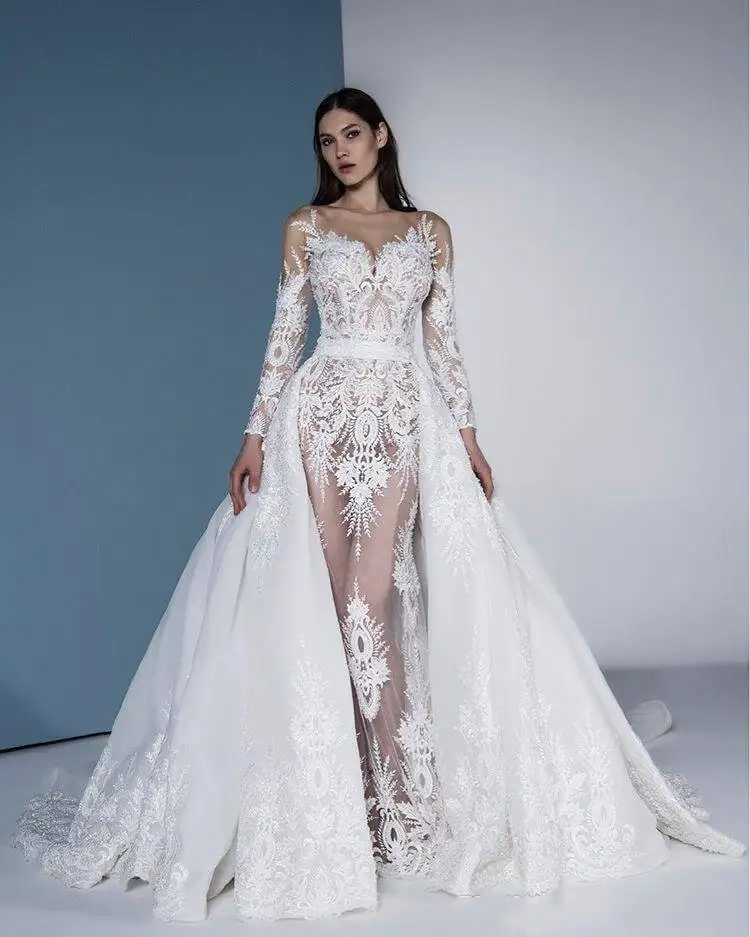 Vestido De Noiva 2020 Long Sleeve Mermaid Wedding Dress With Detachable Train Luxury Dubai Sheath Lace Appliqued Bridal Gown