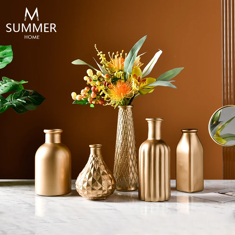 

Golden Creative Glass Vase Simple Crafts Flower Arrangement Light Luxury Desktop Decor Home Decoration Accessories Ornaments