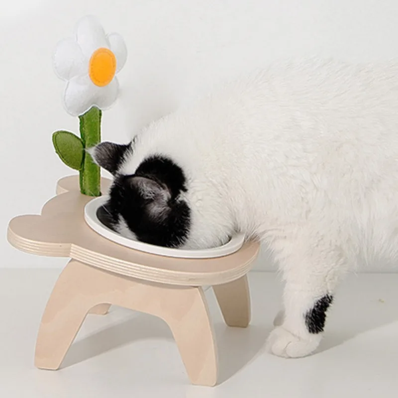

Cat Bowl Cute Little Flower Cat Food Bowl Basswood Wooden Frame Food Grade Ceramics Removable for cleaning