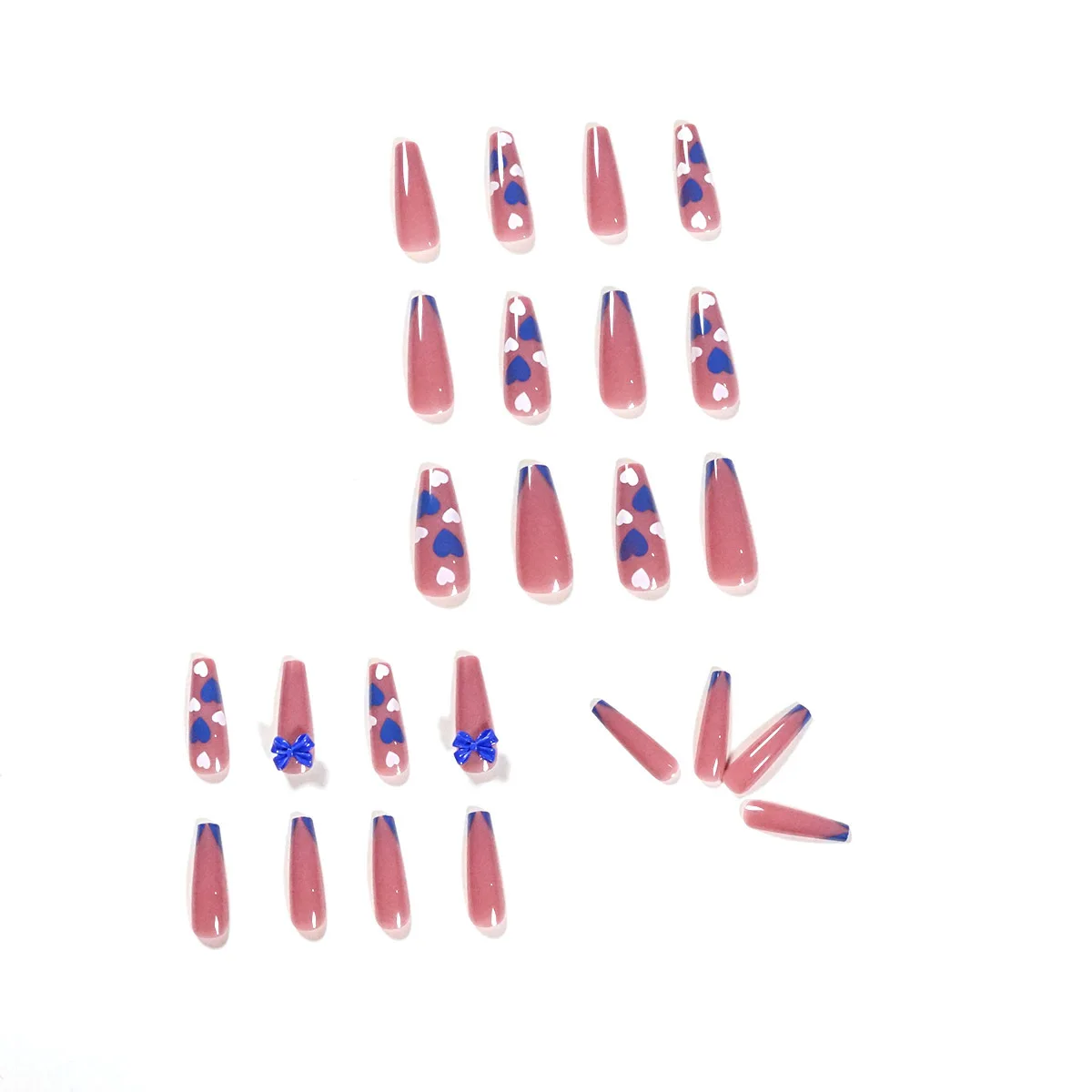 

24pcs Blue Bow Nail Patch Glue Type Removable Long Paragraph Fashion Manicure Save Time False Nail Patch TO