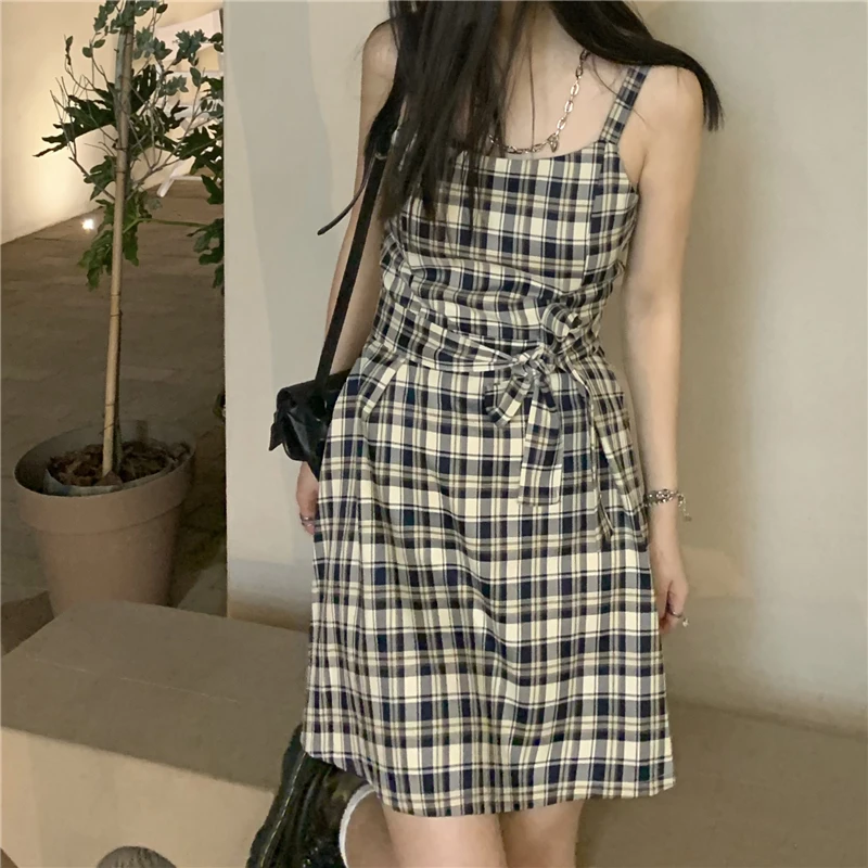 

Ретро сарафан в клетку платье из джинсовой ткани женские летние талии утягивающие платья модное нарядное платье без рукавов с Платье трапе...