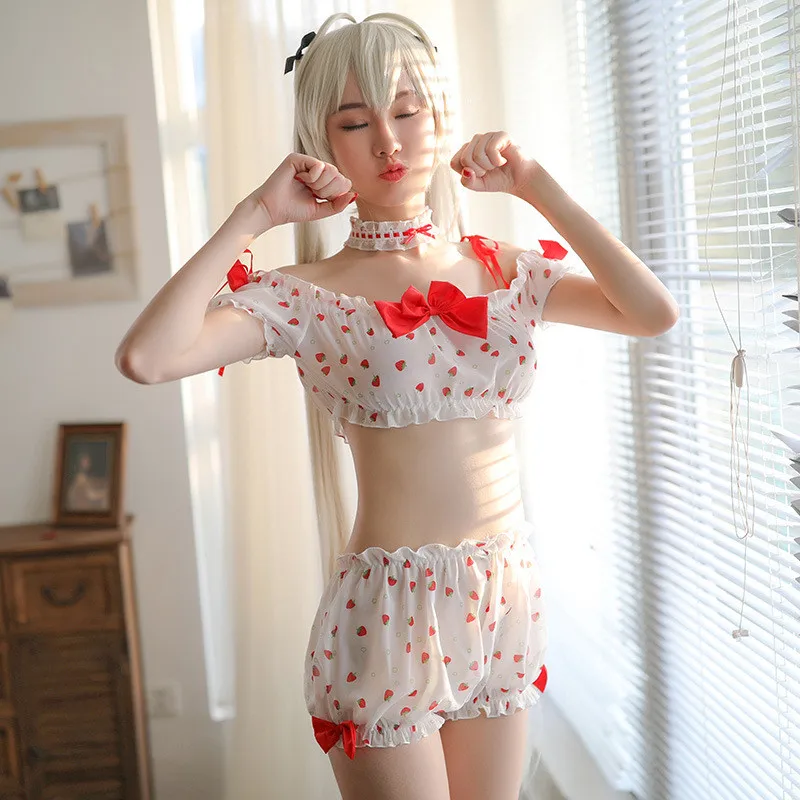 Кружевной клубничный бюстгальтер с бантом нижнее белье ожерельем костюм милая
