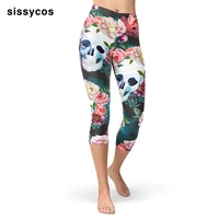 women sugar skull printing cropped capri leggings stretch brushed buttery soft skinny plus size female day of the dead pants