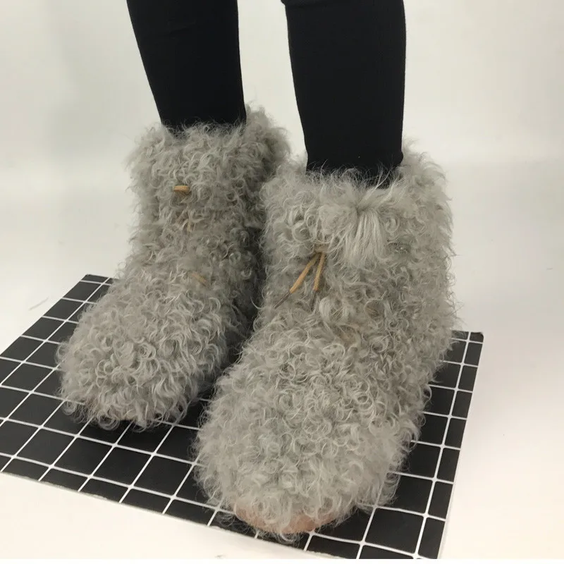 Зимние теплые ботинки из овечьей шерсти на шнуровке плоской нескользящей