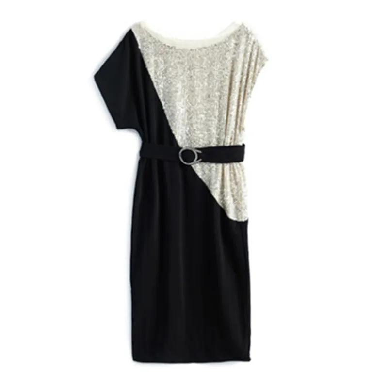 

Raglan sleeve irregular stitching heavy industry Sequin Belt temperament dress women's 2021 summer new