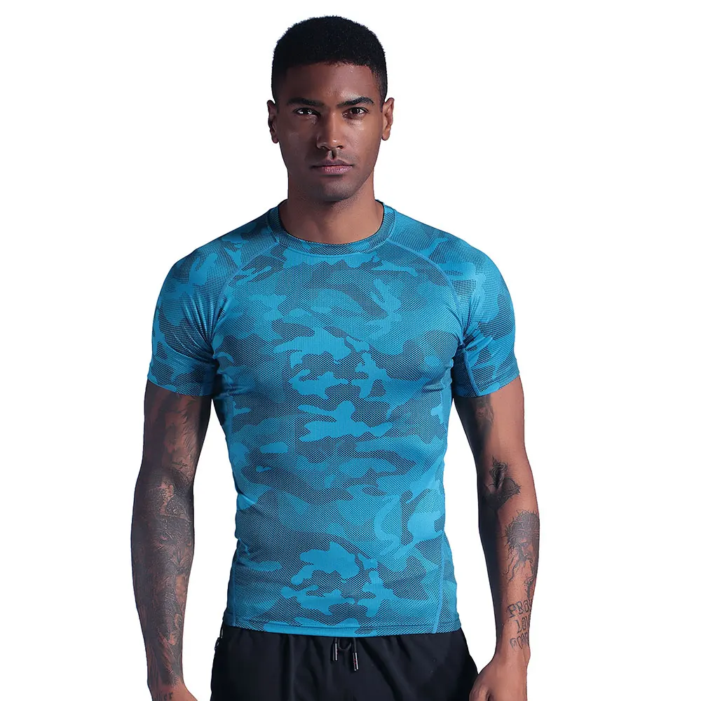 

2021 blue printed gym sports shirt T-shirt men short sleeve running fitness shirt men's top fitness sports T-shirt rashgard