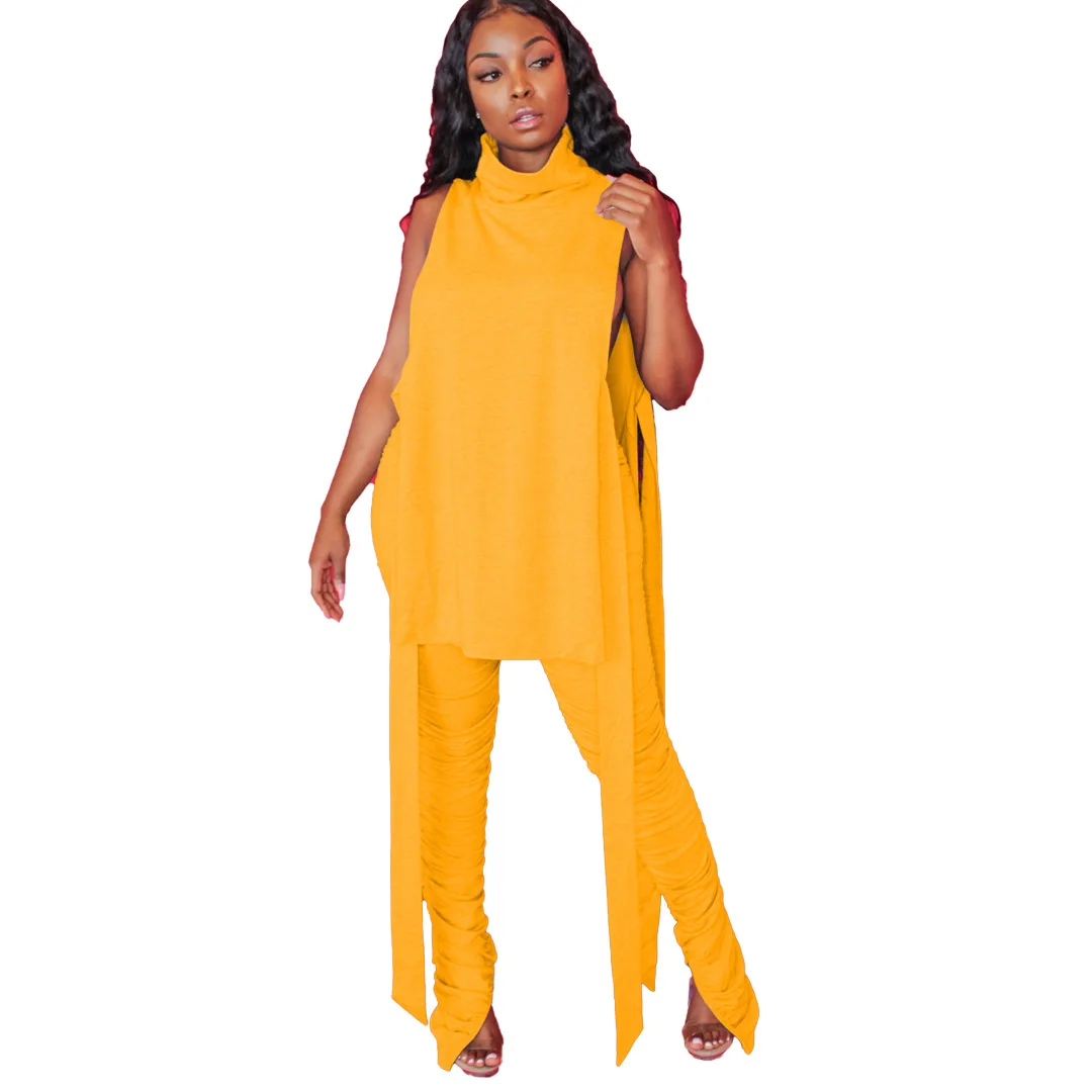 

Solid Stacked Two Piece Sets Women Sportswear Tracksuit Side Hollow Out High Necked Long Tops+ruched Pant Autumn Matching Suits