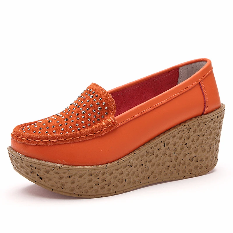 

Women Genuine Leather Wedge Platform Shoes Ladies Slip On Crystal Flat Shoes High Heel 7cm Thick Sole Shallow Flats Casual Shoes