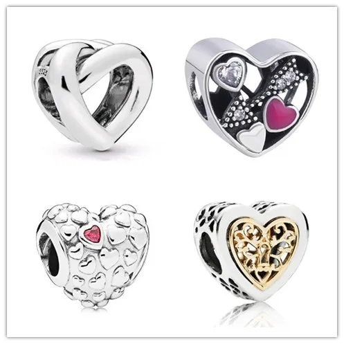 

925 Sterling Silver Charm Openwork Silver Gold Locked Hearts Bead Fit Women fashion Bracelet & Necklace Diy Jewelry