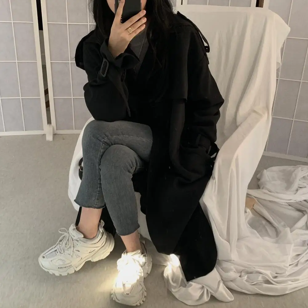 

Spring Autumn 2019 Korean Women Coat Fashion Double Breasted Trench Coat Loose Belt Female Windbreak Outwear Abrigos Mujer M448