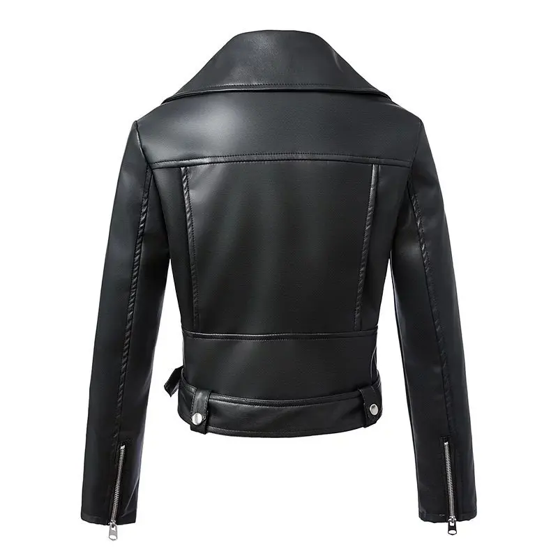 New Women Autumn Winter Black Faux Leather Jackets Zipper Basic Coat Turn-down Collar Motor Biker Jacket With Belt enlarge