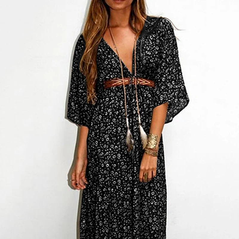 

Vintage Women V-Neck Floral Print Long Dress Half Sleeve Loose Ladies Holidays Dress Summer Casual Femme Party Dress Vestidoes