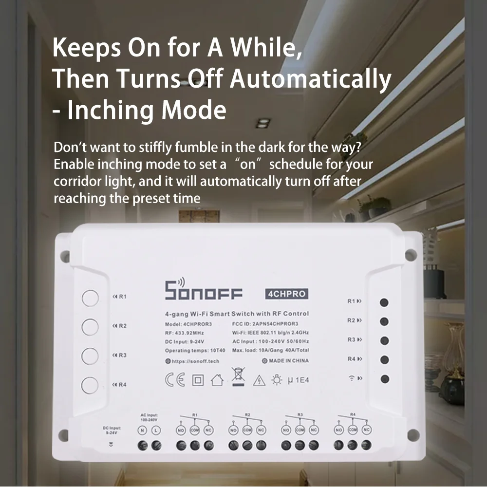 

SONOFF 4CH Pro R3 433Mhz RF Wireless Remote Control 4 Way Channel Gang Wifi Relay Inching Interlock Smart Switch Home Automation