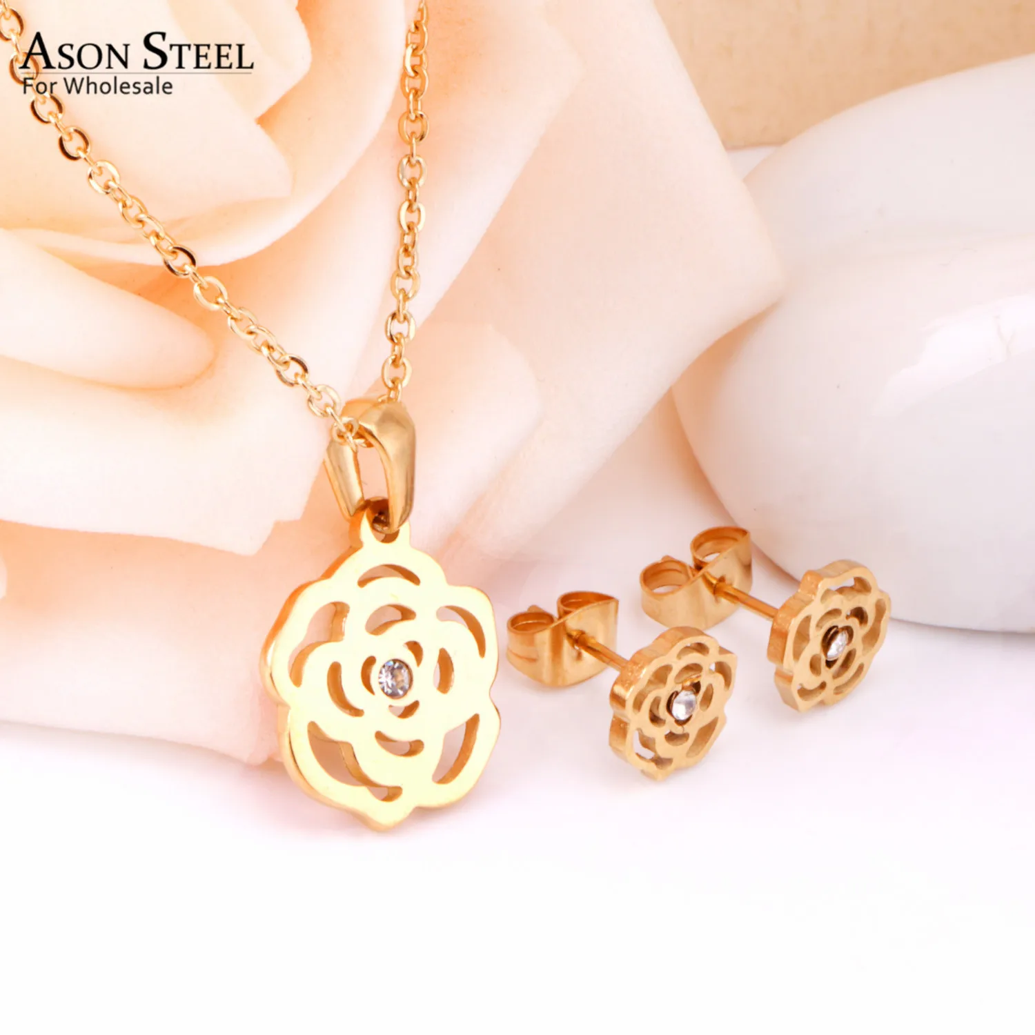 ASONSTEEL Bridal Jewelry Sets Stainless Steel Gold/Silver Color Romantic Flower Shape Pendants Charm Chain Necklace Earring Sets