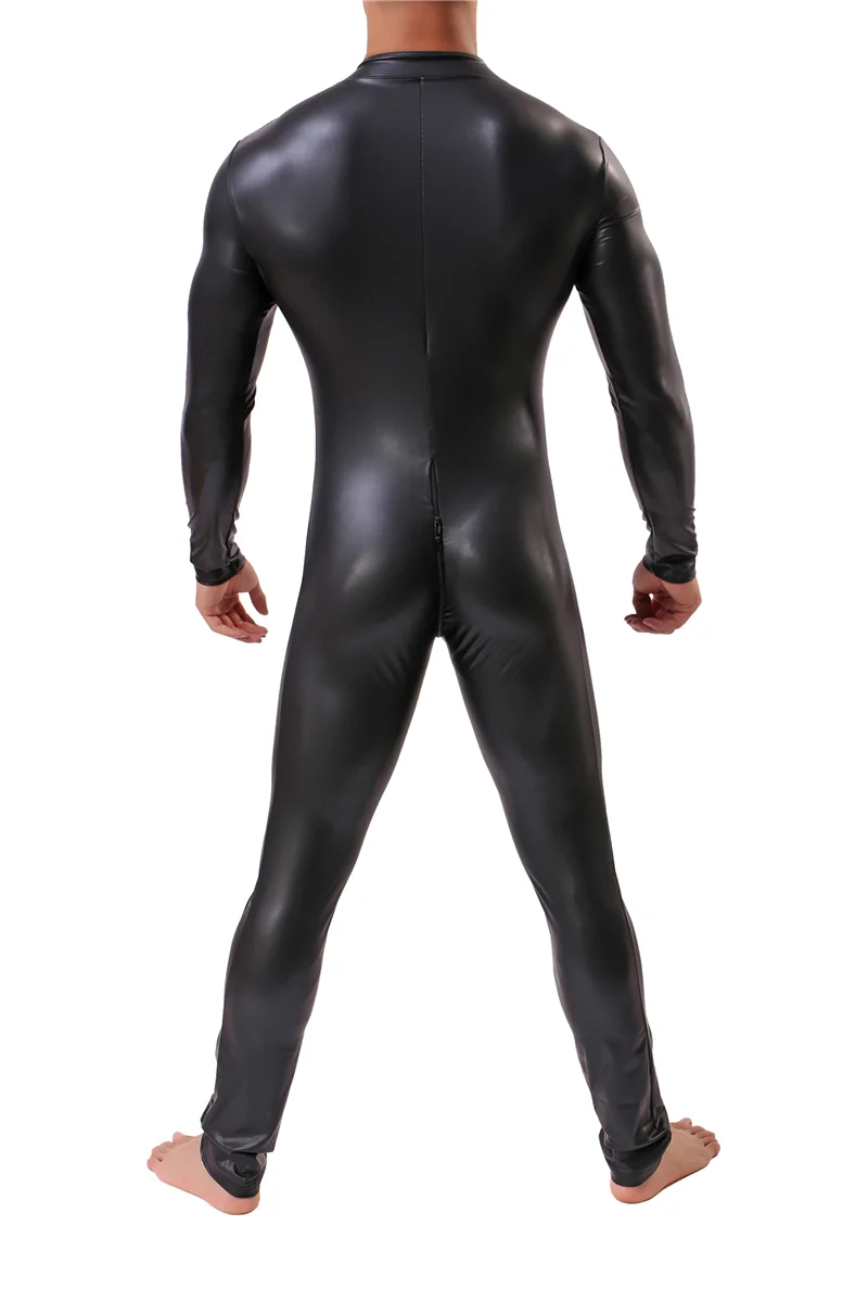 Sexy Men Shapers Wetlook Leather Latex Catsuit Long Sleeves Zipper Gay Men Full Body Leotard Lingerie Bodysuit Clubwear Shapers