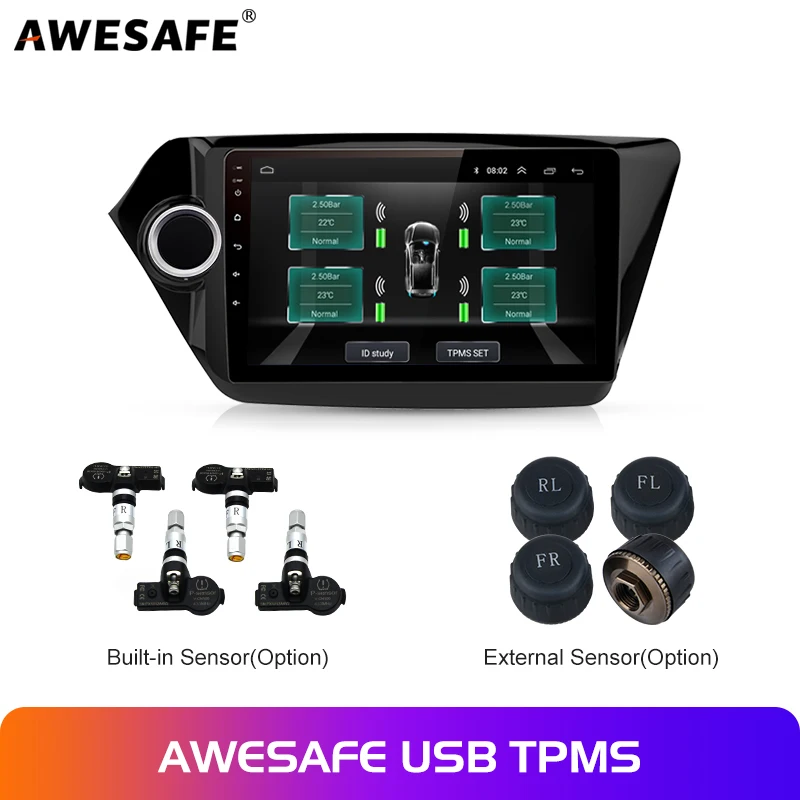 

AWESAFE USB Tire Pressure Monitoring Alarm System Android navigation TPMS With 4 Internal Sensors for Car DVD Player Navigation