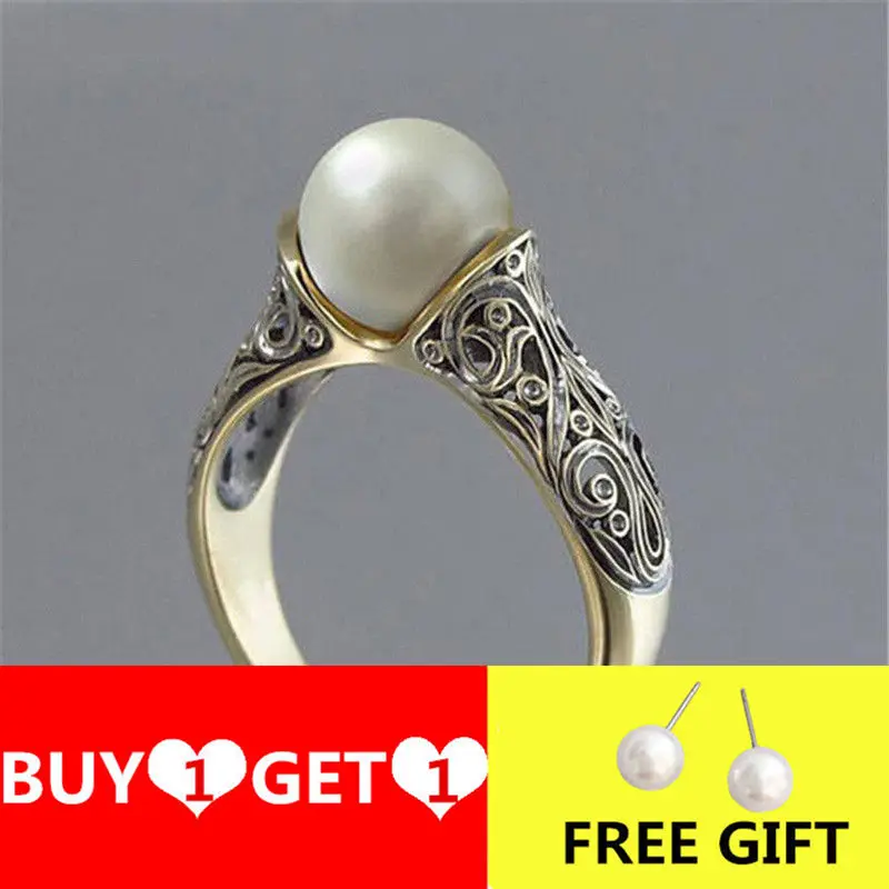 YWOSPX винтажный узор белый имитация жемчуга кольца золотого цвета для женщин