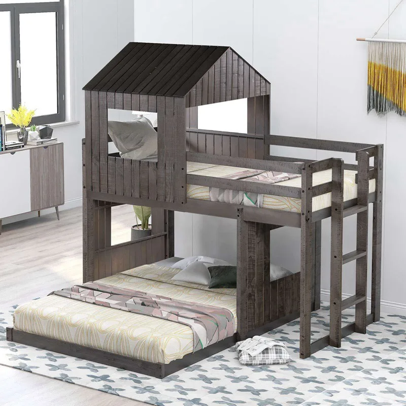 Wooden Twin Over Full Bunk Bed, Loft Bed With Playhouse, Farmhouse, Ladder And Guardrails For Kids, Toddlers, Boys & Girls, Gray