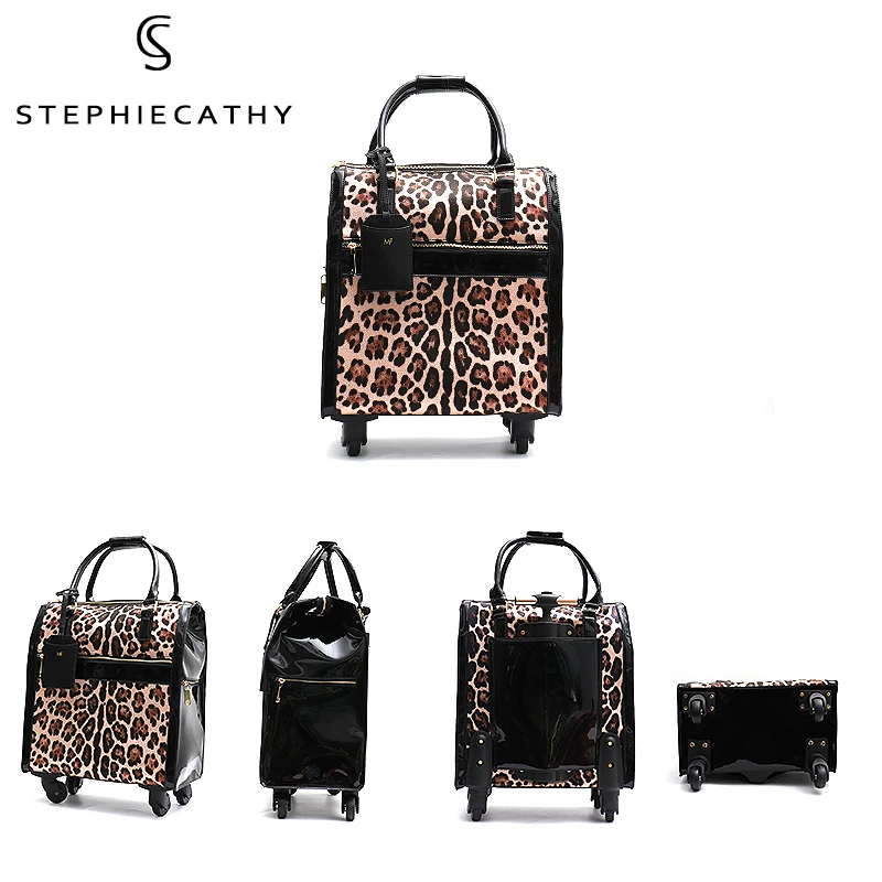 SC Fashion Women Leopard PU Leather Carry on Travel Hand Luggage Bag Trolley Wheels Rolling Ladies Universal Duffle Big Suitcase