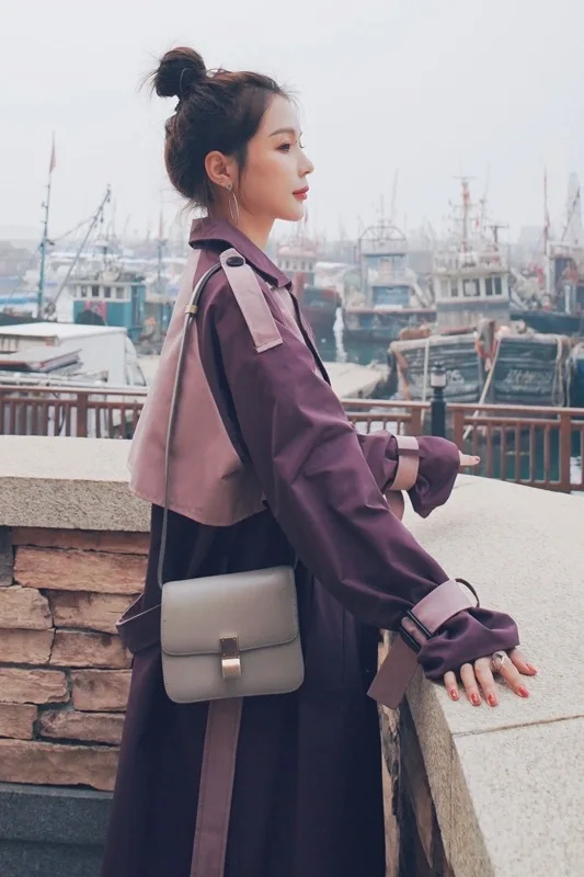 

2020 New Style for Autumn and Winter Sauce Purple Korean Style Windbreaker Women's Mid-Length Elegant British Style Jacket