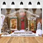 Фон для фотосъемки с изображением кирпичного дома, белого снега, Деда Мороза