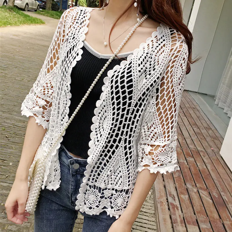 Женский вязаный ажурный кардиган Белый свободный винтажный ТРИКОТАЖНЫЙ