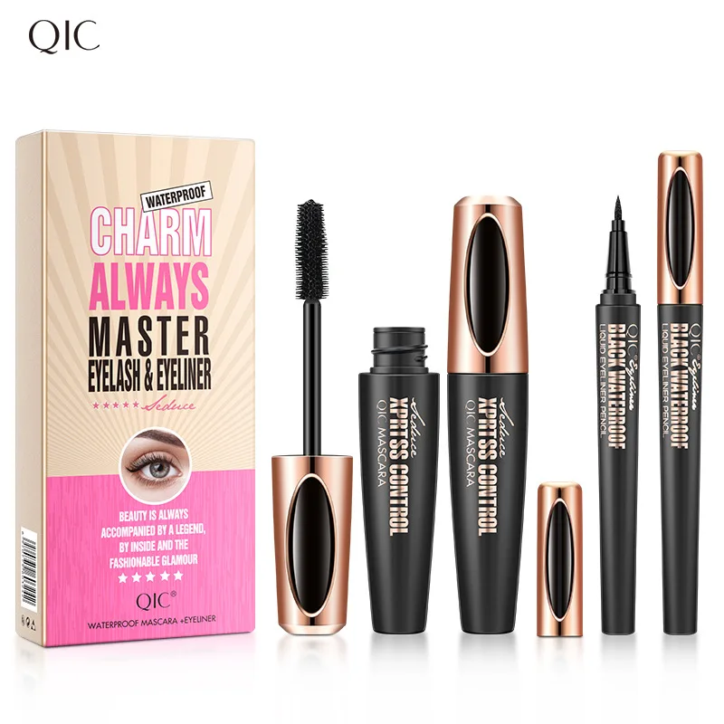 

SNOW LADY QIC Mascara Eyeliner Set 2 in 1 4D Silk Fiber Lashes Abundant Magic Length Thick Black Curly Cosmetics Makeup Eyelash