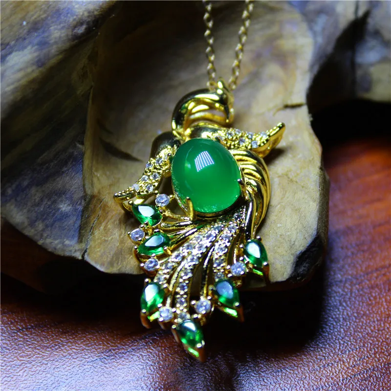 Liemjee Wholesale Fashion Jewelry Green Agate Silver Plated Phoenix Necklace for Women Luxury Namour Charm Gift All Seasons
