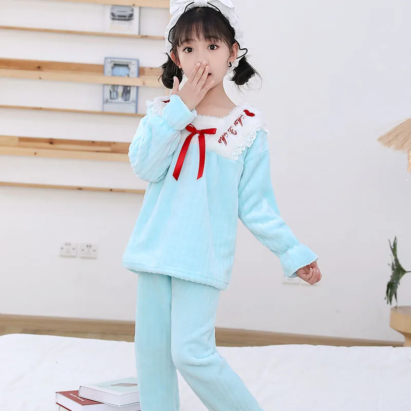 Children Pajamas Sets Warm Flannel Sleepwear Girls Boy Lace Loungewear Coral Fleece Kids Pijamas Homewear Winter Pyjamas Suits